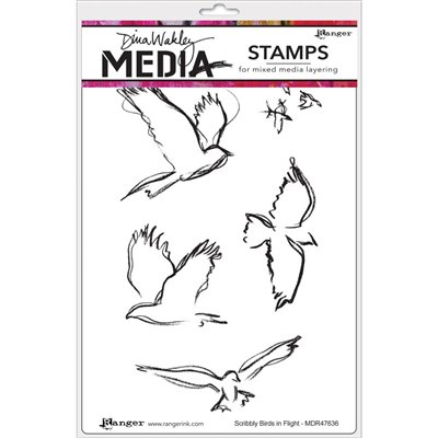 Dina Wakley Media Cling Stamp - Scribbly Birds In Flight
